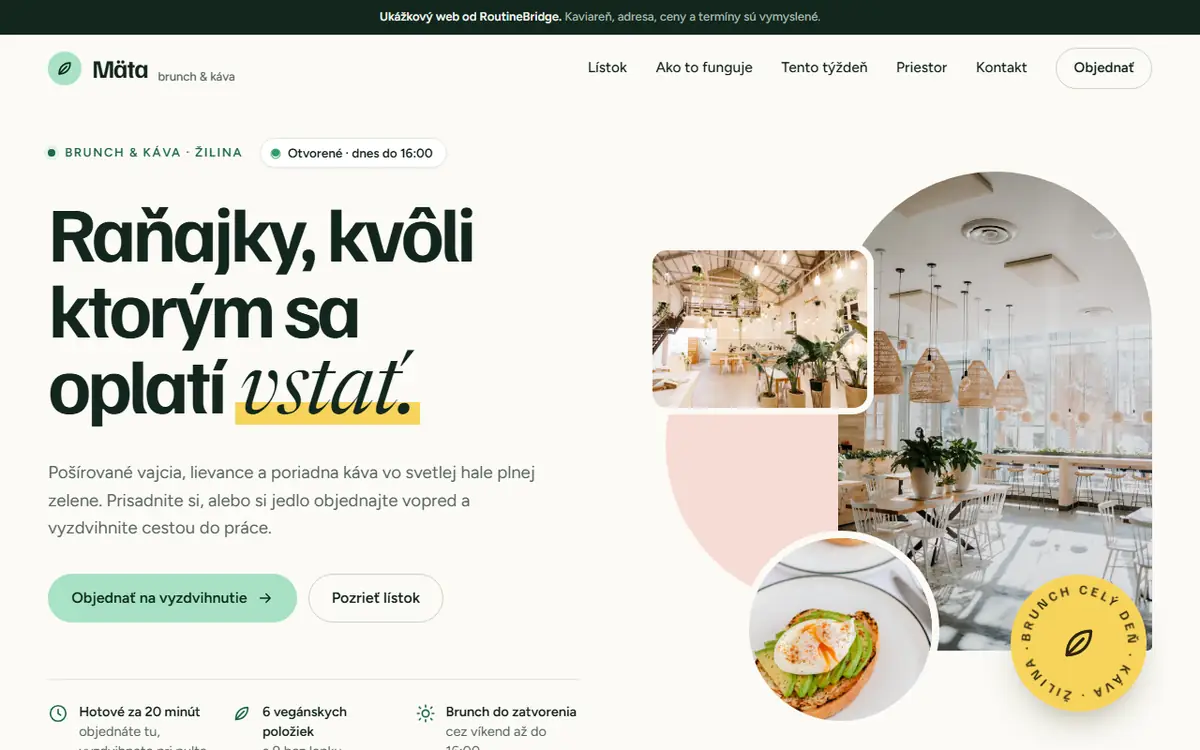Úvodná obrazovka ukážkového webu Mäta brunch a káva