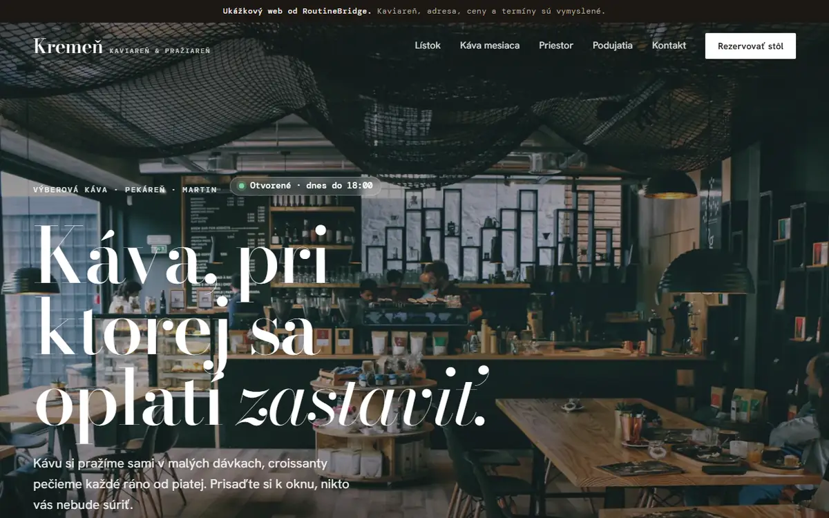 Úvodná obrazovka ukážkového webu Kaviareň Kremeň