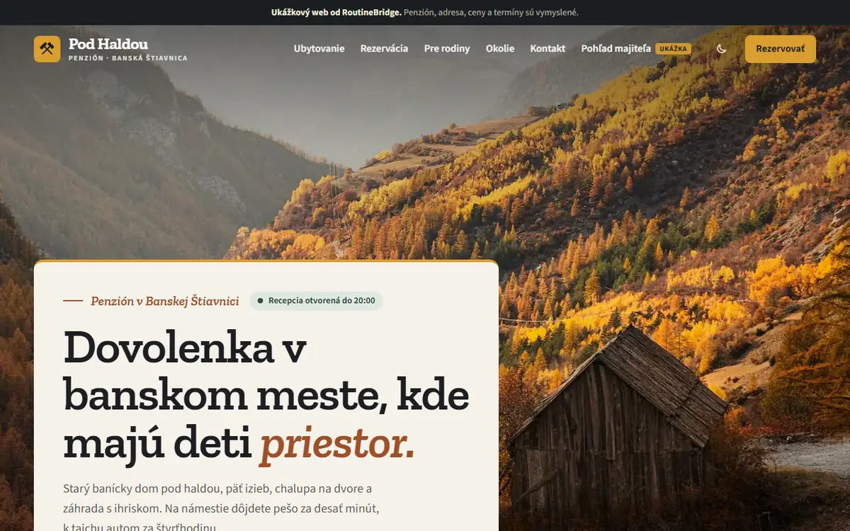 Úvodná obrazovka ukážkového webu Penzión Pod Haldou